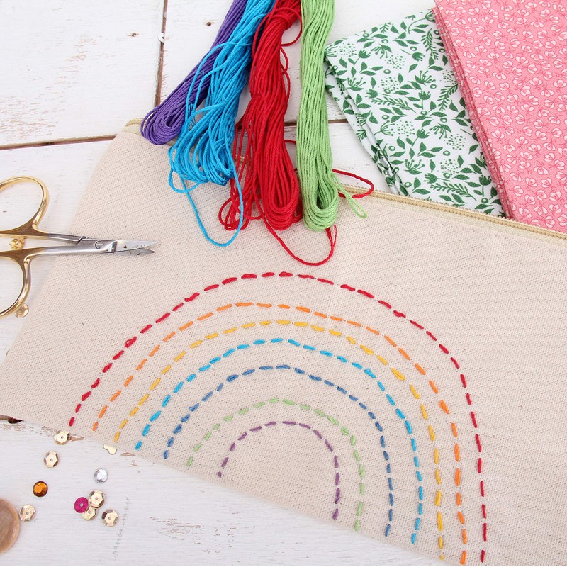 Threadart Canvas Pencil Pouch White with Zipper For Organization, Small
