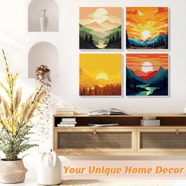 GHHKUD Paint by Numbers Kits for Adults Beginners, 4 Pack Sunset Mountain Landscapes Painting by Numbers Canvas Kit for Kid, Acrylic Colourful Paint by Numbers with Wooden Framed Canvas, 8x8inch
