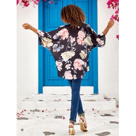 BB&KK Women's Chiffon Floral Kimono Cover Ups Tops Summer Lightweight Sheer Thin Cardigans Beach Boho Hawaiian Shirts Black XXX-Large