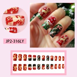 Christmas Press on Nails Medium Square Fake Nails Green Red Stick on Nail Winter False Nail with Design Gold Elk Xmas Light Nail Tips Pree ons Full Cover Xmas Nails for Women Manicure 24Pcs