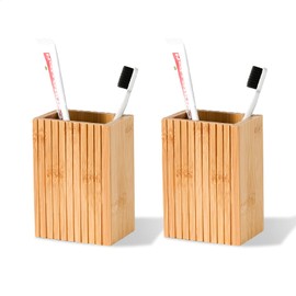 2 Pack Natural Bamboo Toothbrush Holder, Fluted Square Design for Countertop, Multipurpose Pen Holder or Desktop Organizer, Natural