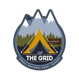 Die Cut Sticker Denali National Park, Alaska, Off The Grid, Tent, Contour Vinyl Sticker 1 to 3 inches (Waterproof Decal for Cars, Water Bottles, Laptops, Coolers), Small