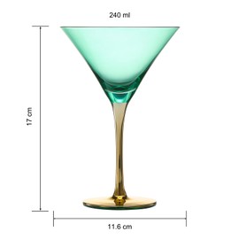 Colored Martini Art Deco Glasses, Gold | Set of 4 | 8 oz Classic Cocktail Glassware for Cosmopolitan, Martini, Bellini, Sidecar, Crystal Speakeasy Style Goblets Stems, Vintage Blue, Teal, Green (8 OZ)