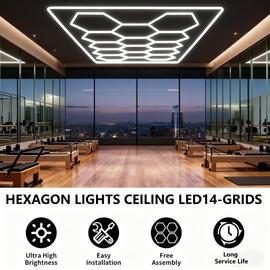 Muasdae Hexagon Garage Lights 14 Hex Grid 680W 81600LM 6500K, Super Bright Car Detailing Ceiling LED Shop Light for Warehouse Workshop Gym Basement Car Care Wash Room