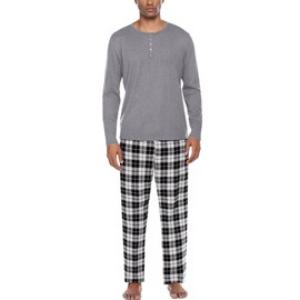 Ekouaer Men's Pyjamas Sets Long Sleeve Pjs Soft Loungewear Winter Henley Top with Checked Pants Light Grey XL