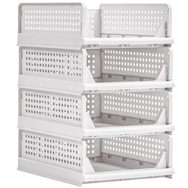 VECELO 4 Pack Plastic Closet Shelf Organizer, Stackable Sweater Storage Closet Drawers, Foldable Wardrobe Organizer, Easy Assembly, Durable and Space Saving for Closet, Bathroom, Kitchen, Gray