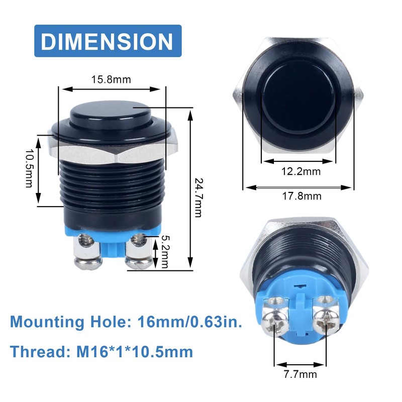 DMWD 2-Pack 16mm Metal Momentary Push Button Switch Screw Terminals