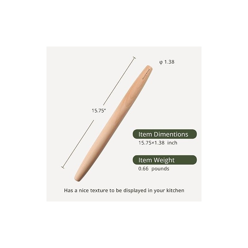 Muso Wood Wooden French Rolling Pin For Baking, Beech Wood