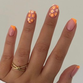 Vezocim Flower Artificial Glossy Fake Nails Sets, Press on Nails Coffin Short Length, Acrylic Fingernails Square False Nails with Orange Floral Designs, Full Cover False Nails Glue on Nails with Charm