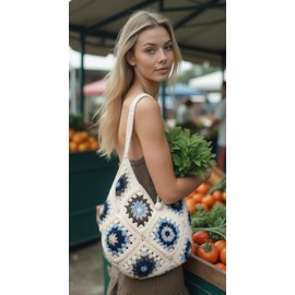 Solful Crafters Handmade White Crochet Tote Bag - Floral Granny Square Design – Eco-Friendly Cotton Beach Bag, Boho Style Shoulder Bag for Women – Perfect for Travel, Shopping, Parties, and Daily Use