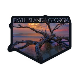 Die Cut Sticker Jekyll Island, Georgia, Driftwood and Sunset, Contour Vinyl Sticker 3 to 6 inches, (Waterproof Decal for Cars, Water Bottles, Laptops, Coolers), Large