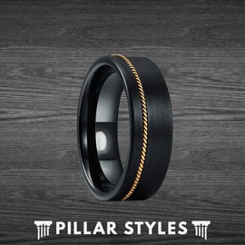 8mm Guitar String Ring Black Tungsten Rings for Men with Offset Bronze Guitar Inlay Gift for Guitarists Comfort Fit Mens Wedding Bands for Musicians