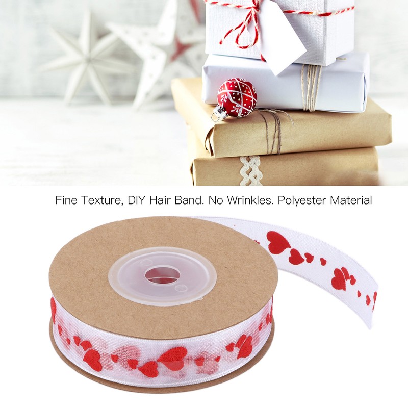 2pcs Red Ribbon 1.5cm/0.6in Wide Heart Pattern Packaging Ribbons DIY