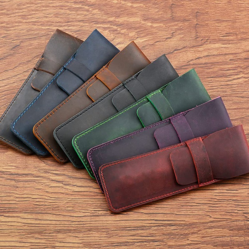 Leather Pencil Case with Slip Tab Crazy Horse Pen Holder