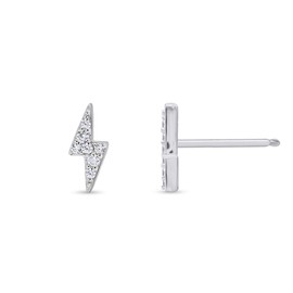 Round Sparkling White Cubic Zirconia Dainty Lightning Bolt Stud Earrings 14k White Gold Plated 925 Sterling Silver with push-backs