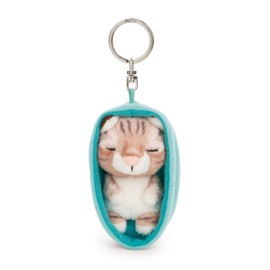 NICI Sleeping Pets Cat Tabby Keyring 8 cm in Basket - Brown - Loyal Companion for Backpack or Bag, Key Holder for Small and Large | 61608