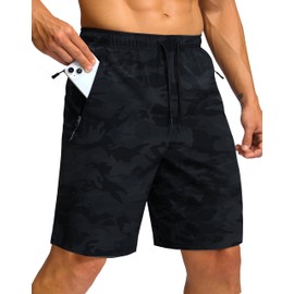 G Gradual Men's Hiking Shorts 7"/9" Lightweight Athletic Shorts for Men Quick Dry Stretch Casual Shorts with 3 Zipper Pockets(9inch,Black Camo,L)