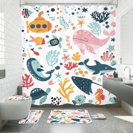 Mitpok 4 PCS Kids Shower Curtain Set 72Wx72H, Kid Bathroom Set, Ocean Fish Cute Whale Sea Animal Funny Bath Rug Toilet Lid Cover U Shape Mat Quick Dry Dirt Resistant Accessories Bathroom Decors