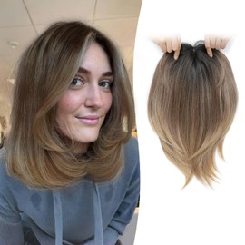 Megito Hair Topper 12inch Clip in Synthetic Hair Toppers for Women with Thinning Hair Layered 6.5"X6.5" Big Base Toppers Hair Pieces for Women Daily Wear Rich Brown with Dark Root