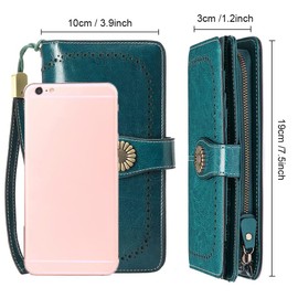Cartera Mujer RFID de Gran Capacidad, Cartera de Piel para la Muñeca Clip, Monedero Mujer Embrague Bolsillo con Cremallera, Billetera de Dama para Dinero en Efectivo y Monedas y Tarjetas- Azul Pavo