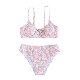 COZYEASE Girls' 2 Piece Ditsy Floral Print Knot Front Ruched Triangle Bikini Swimsuit Multicolor 14Y