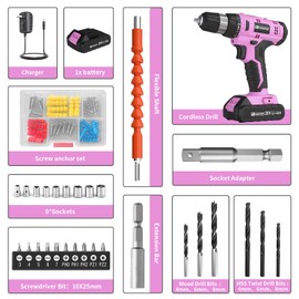 FADAKWALT Cordless Drill Set, 20V Electric Power Drill With Battery And Charger, 30N Torque, 21+1 Settings, 3/8-Inch Keyless Chuck, Driver Bits Kit, LED Light (Pink)