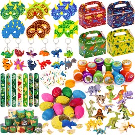 Golray 102Pcs Dinosaur Party Favors Bags Dinosaur Eggs Dino Model Puzzle Stampers Mask Slap Bracelet Keychain Tattoo Stickers for Kids Birthday Party Supplies Treat Gift Goodie Bag Fillers