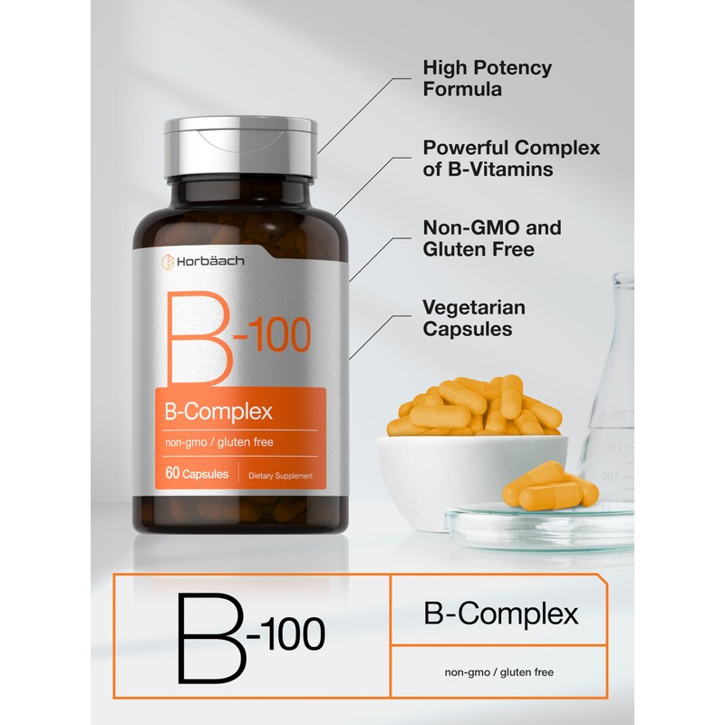 Horbäach B-100 Complex Vitamin | 60 Capsules | Non-GMO and