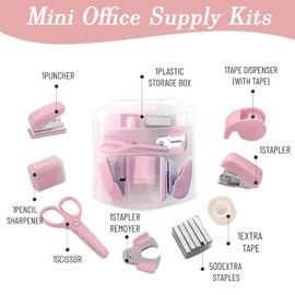 8 Pack Mini Office Supply Kit Portable Case with Scissors,Tape Dispenser Set, Punch,Pencil Sharpener, Mini Stapler with Staples and Staple Remover (Pink)