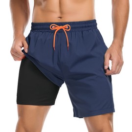 Mens Swim Shorts Mens Bathing Suits Mens Swim Trunks with Compression Liner Quick Dry Board Shorts Navy Blue L