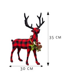 SHATCHI 35cm Tall Tartan Reindeer Figurine-Free Standing Stag Chrismas Statue Xmas Ornaments for Fireplace Windowsill Bedroom Shelf Living Room Office Holiday Party Decorations, Fabric, Red & Black