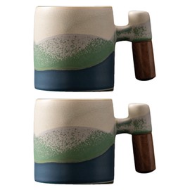 Dicmracy 2.5oz Ceramic Espresso Cups Set of 2 or 4, Espresso Cups with Wooden Handle, Demitasse Cups for Coffee or Tea (Kiln turning blue2, small)