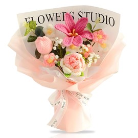Crochet Flowers Bouquet,Knitted Tulip Bouquet with Card Bag,Artificial Flower for Wife Girlfriend, Simulation Home Office Decor, Pink,Suitable for Festival Wedding Graduation Anniversary (Pink Tulips)