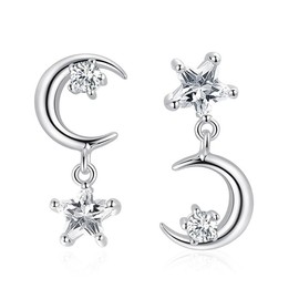 Star Moon Sparkling Inlaid Zircon Earrings Asymmetrical Earrings Women's Accessories, One Size, Stainless Steel, No Gemstone, Sparkling Asymmetrical Cubic Zirconia Earrings for Women and Girls