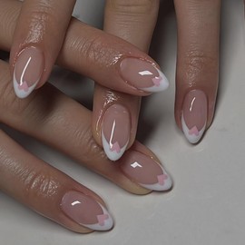 MouyouGlow Press on Nails Kurz,Almond Weiß French Rose Herz Design Fake Nails with Nail Glue,White Tips Pink Love Valentine Sommer INS Artificial Fingernails