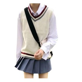 Qianqian Women's Knit Vest, V Neck, School Style, Color Line, School Vest, Girls, Students, Uniform, School Sweater, Sleeveless, For School, Solid, Loose, Casual, white