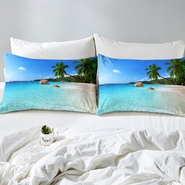 Loussiesd Beach Bed Linen Ocean Duvet Cover Hawaiian Palm Tree Waves Bed Linen Summer Tropical Island and Sea Beach Nature Theme Duvet Cover 135 x 200 cm Blue Bed Set with Zip Closure