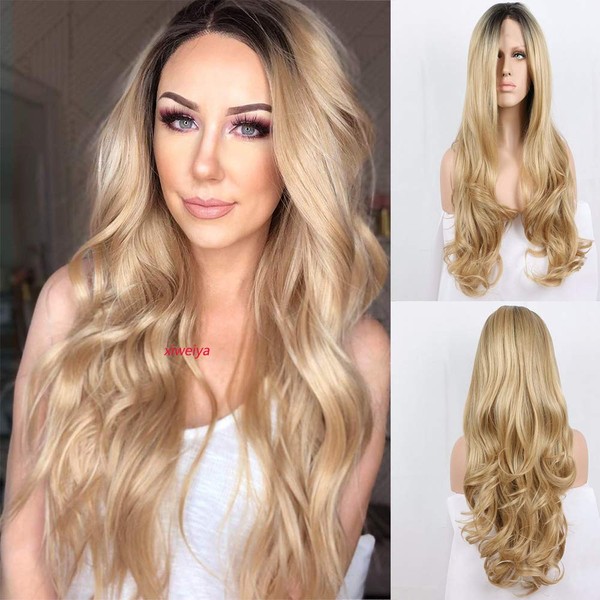 Xiweiya Mixed Blonde Lace Front Wigs with Dark Roots Long Natural Wavy Ombre Blonde Lace Front Wigs Middle Part Heat Reisistant Fibe Hair Replacement for Women 24inch