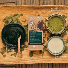 LOGONA Naturkosmetik Pflegende pflanzliche Haarfarbe, Veganes Haarfarbe-Pulver mit Bio-Henna für intensive Farbe und Glanz, Pflanzenhaarfarbe in Schokobraun (Braun), 1 x 100g