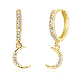 Loutade Silver Drop Hoop Earrings for Women, 925 Sterling Silver Moon Dangle Hoop Earrings, CZ Drop Huggie Cartilage Gold Sleeper Earrings, Hypoallergenic Dainty Gold Hoop Earrings with Moon Dangling