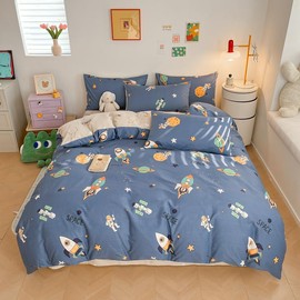 Lunoroey Kids Space Duvet Cover Set 100% Cotton Bedding Single Size Boys Space Rocket Astronaut Print Blue Quilt Cover Comforter Cover Set All Season Use