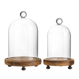ZEERSHEE Pack 2 Clear Glass Dome with Wooden Base Glass Display Cloche Bell Shape Dome for Antique Collectibles Specimens Plants Dustproof Christmas Gift for Women