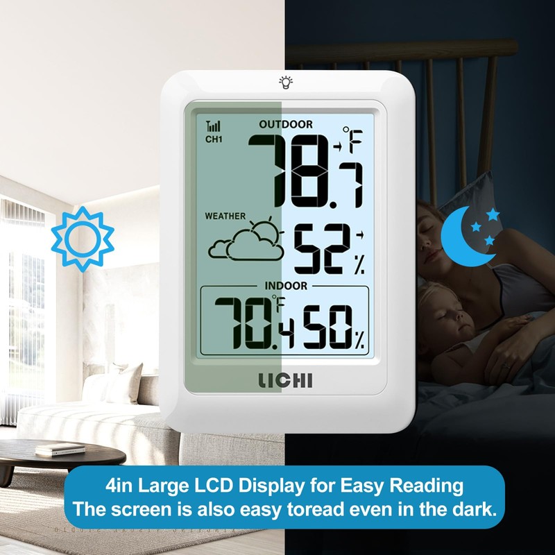 Indoor Outdoor Thermometer Wireless Weather Station, Internal External Thermometer Hygrometer,