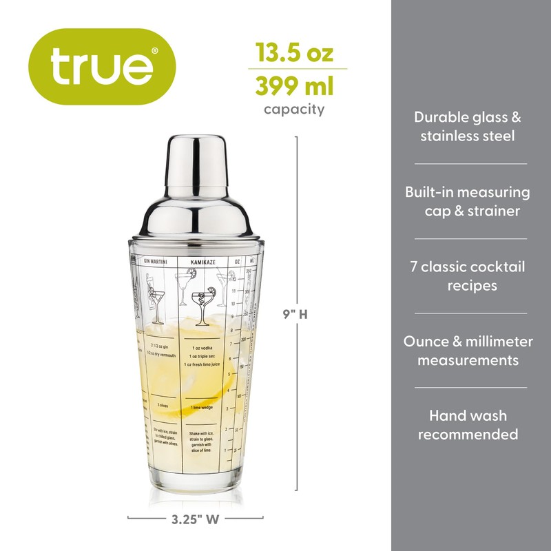 True Glass Cocktail Shaker with 7 Classic Recipes and Measurements
