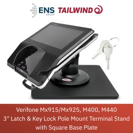 ENS Tailwind Verifone Mx915/Mx925, M400, M440 3" Latch and Key Lock Compact Pole Mount Terminal Stand with Square Freestanding Mobility Base Plate, Black