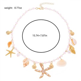 Charming Beachy Sea shell star Starfish Necklace for Women, Dainty Boho Beaded Pearl Seashell Conch Choker Necklaces Cute Beach Holiday Jewelry Accessories (Gold)