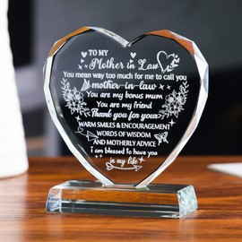 Gifts for Mother in Law from Daughter in Law Love Gifts for Mother in Law Her Bithday Mother's Day, Glass Heart Keepsake Plaque Ornaments Engraved Thank You for Mother-in-law