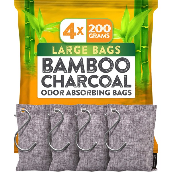 Charcoal Odor Absorber for Strong Odor (Large, 4 Pack, 200g each), Bamboo Charcoal Air Purifying Bag, Activated Charcoal Odor Absorber for Closet, Shoe, Car, Basement Musty Odor Eliminator Deodorizer