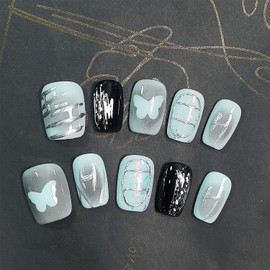 30Pcs Handmade Press on Nails Square Short Nails Press on Cute Butterfly Fake Nails with Silver Chrome Design Metal Line False Nail Blue Glossy Acrylic Nail Reusable Stick on Nail for Women