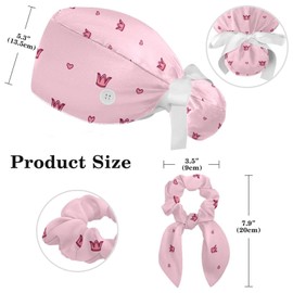 Princess Crown Pink Working Caps with Button and Sweatband, Adjustable Bouffant Scrub Turban Caps for Women Men, Tie Back Hat with Bow Scrunchies One Size
